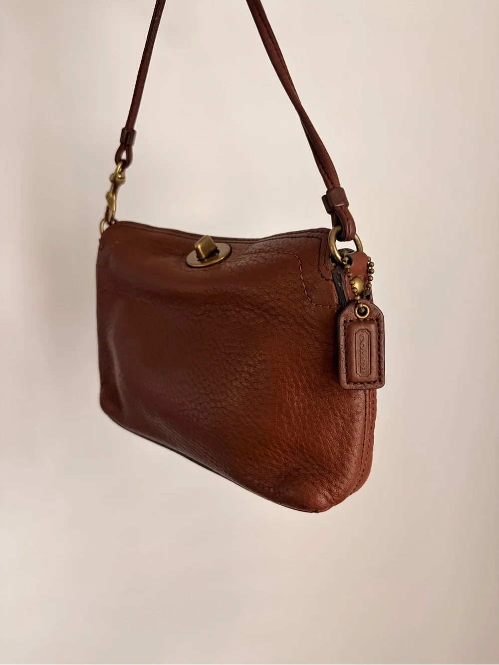 Coach Y2K Brown Pebbled Leather Brass Chelsea Turnlock Wristlet or Mini Purse